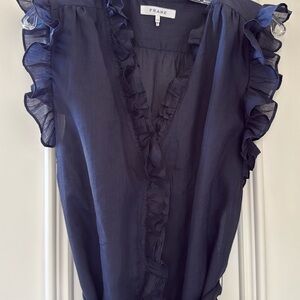 Frame Denim Blue Sleeveless Ruffled Blouse